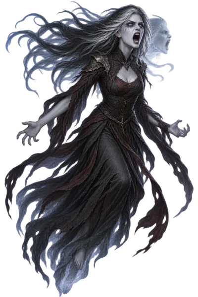 The Banshee: a screaming woman with wild hair in a torn dark dress