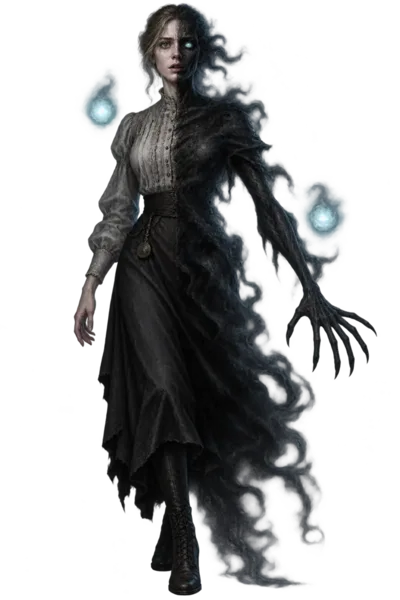 The Changeling: a ragged dark figure with small blue lights at its hands