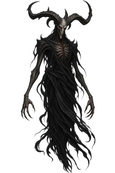 The Demon: a horned black figure with long arms