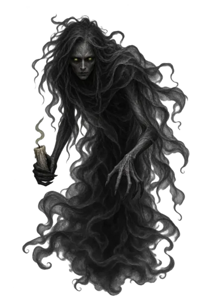 The Mare: a dark, wild-haired figure holding a dim light