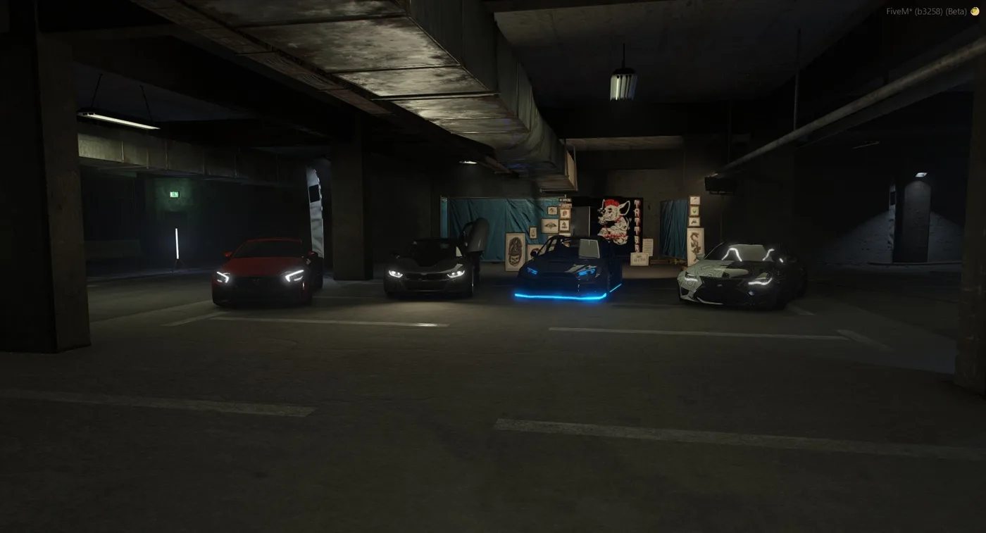 Cars parked under the Cypress Flats car park at night with neon underglow