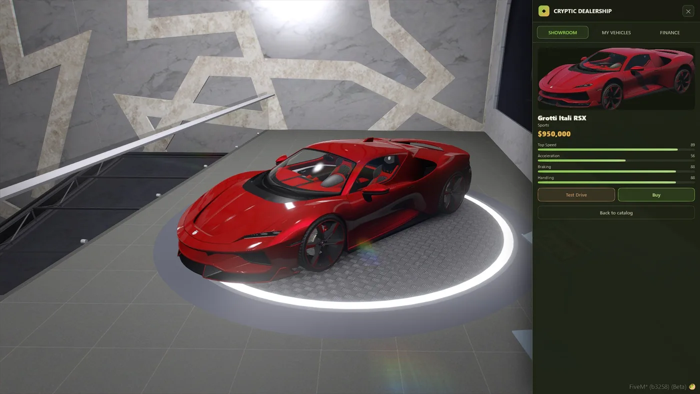 A red Grotti Itali RSX on the showroom turntable with the dealership menu open beside it