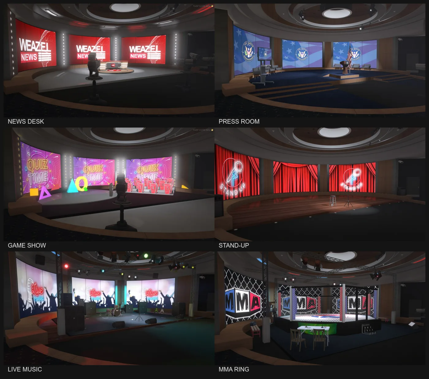 Six views of the same studio stage dressed as a news desk, press room, game show, stand-up club, live music venue and MMA cage