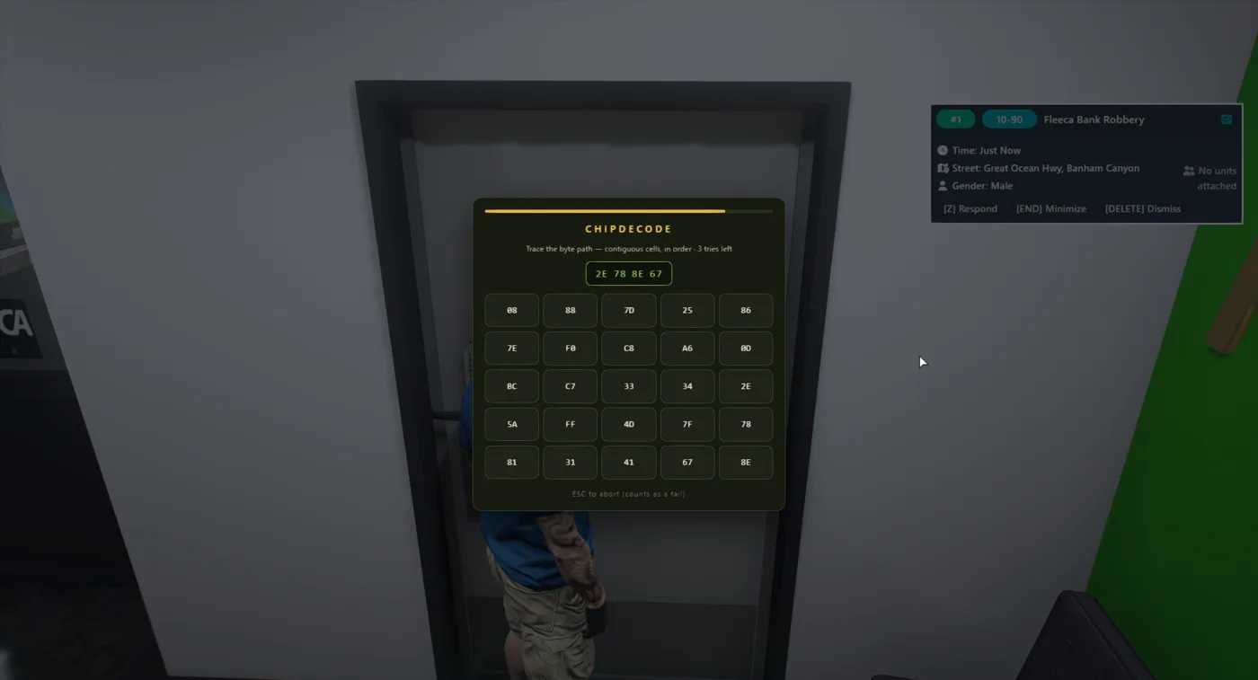 A hacking minigame open on a Fleeca bank vault door with a dispatch call for the robbery on screen