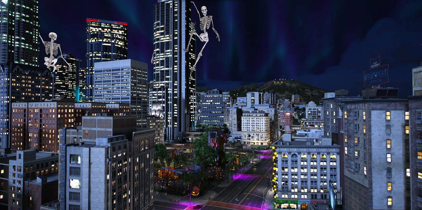 Downtown Los Santos at night with giant skeletons climbing the towers, Legion Square glowing orange below and the Vinewood sign on the hill reading BOO