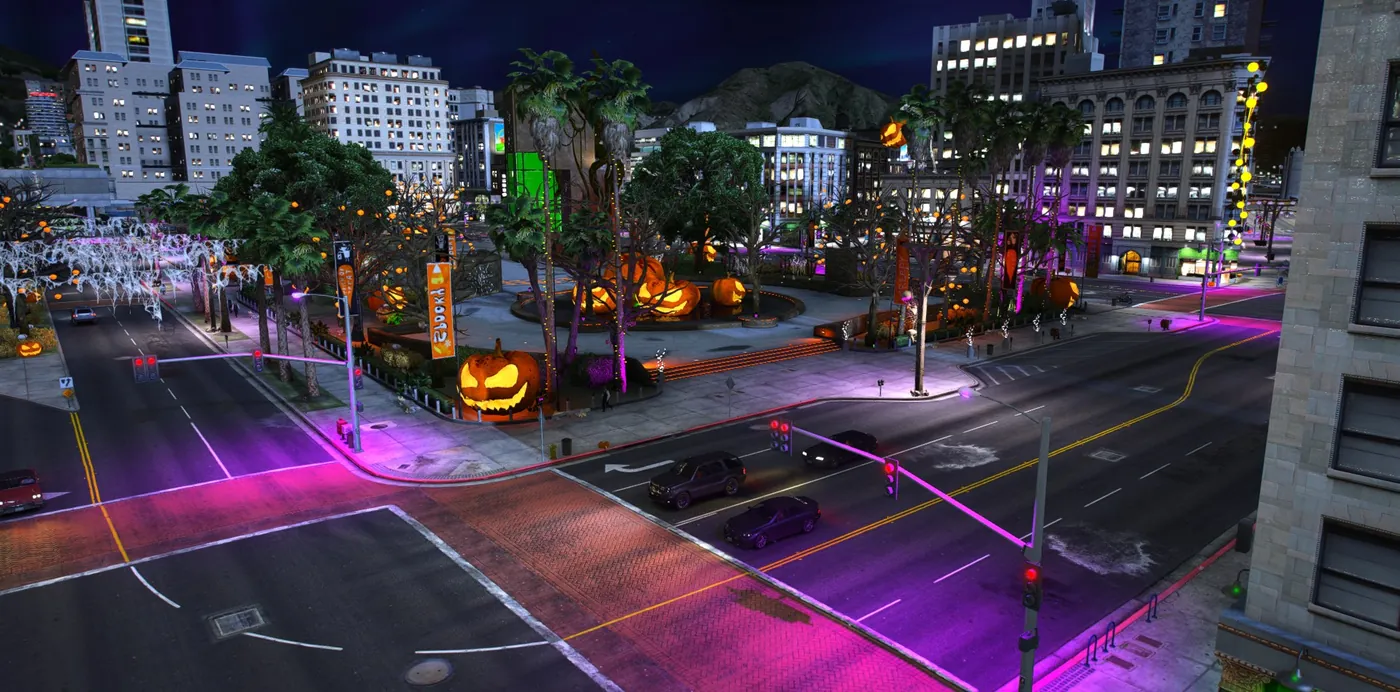 Legion Square at night filled with giant carved pumpkins, Halloween banners and purple street lighting