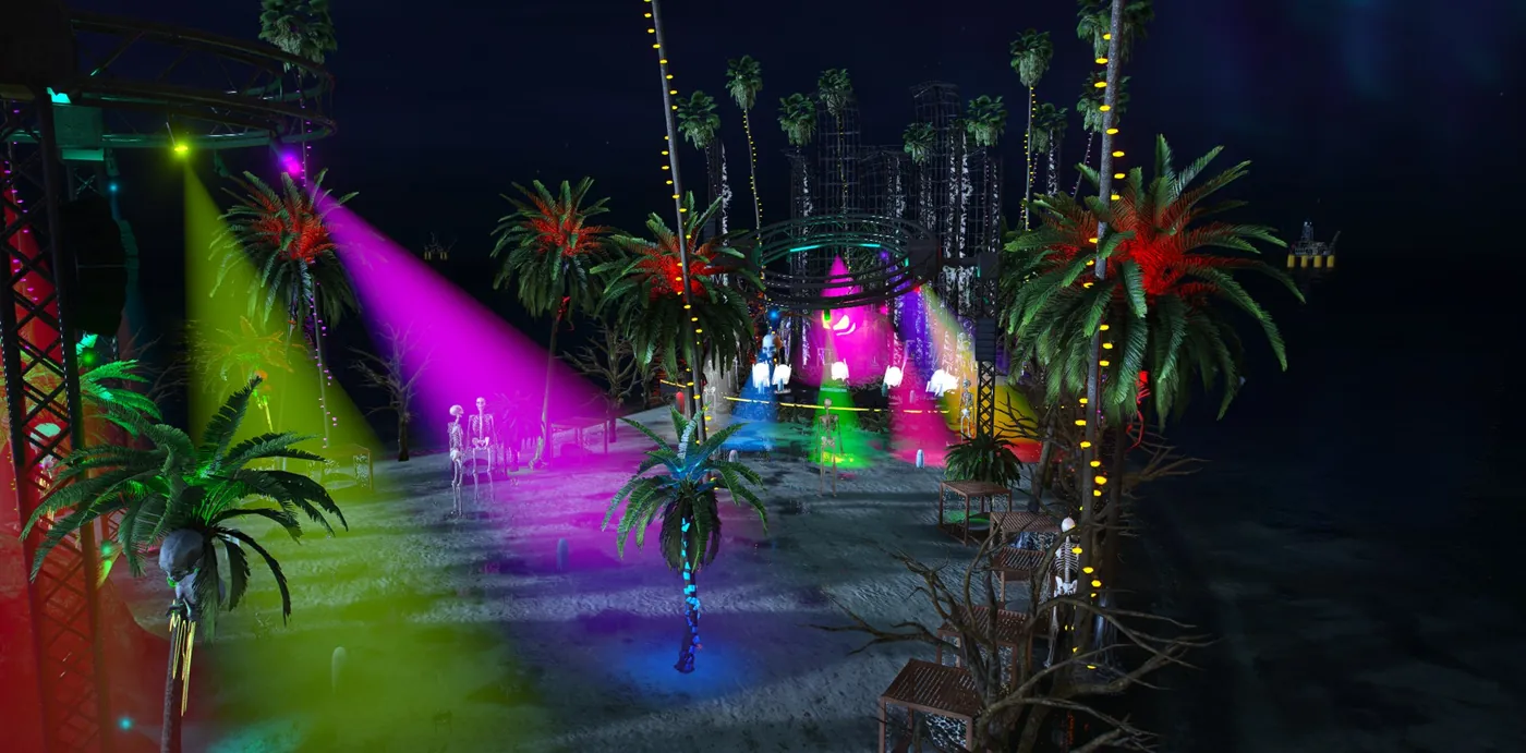 A Halloween festival stage on the beach at night, with magenta and yellow spotlights, palm trees and dancing skeletons
