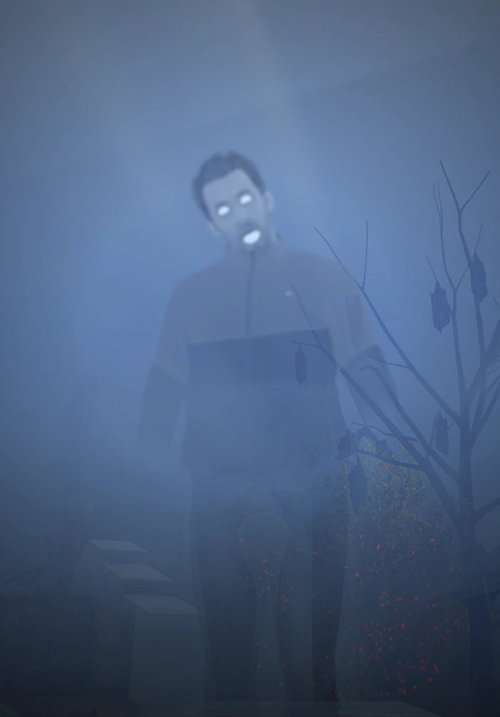 A pale ghost with glowing white eyes standing in thick blue fog beside a bare tree