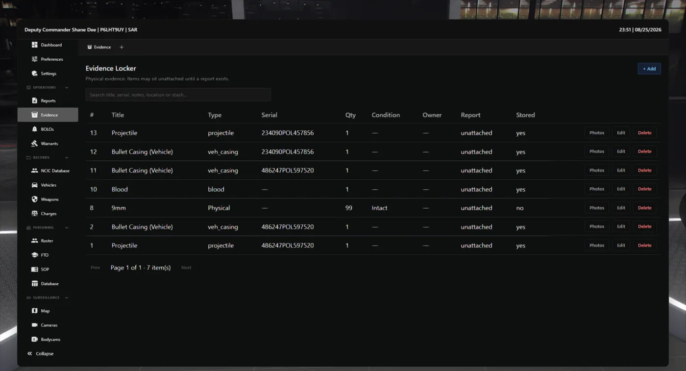 The MDT evidence locker listing projectiles, bullet casings and blood with serial numbers and storage status