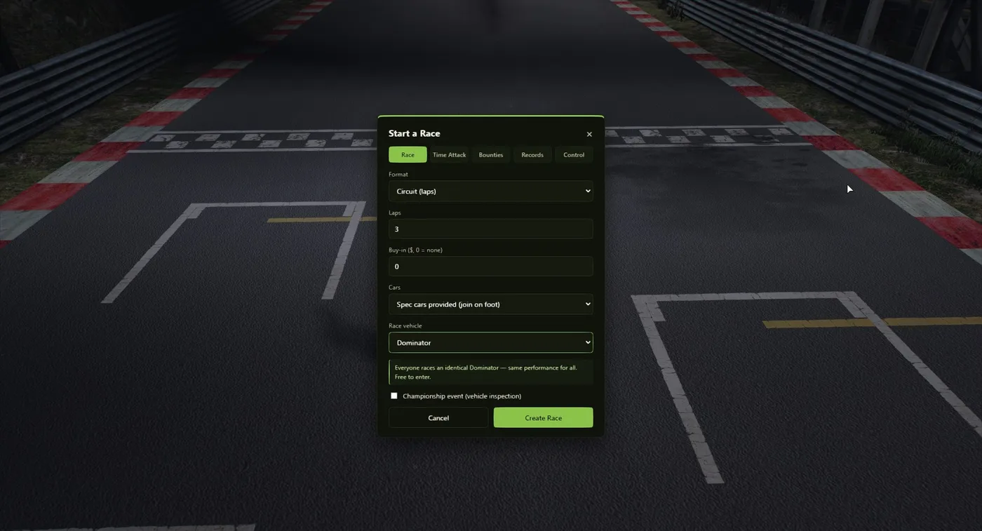 The Start a Race dialog showing circuit format, lap count and spec car options on a racetrack