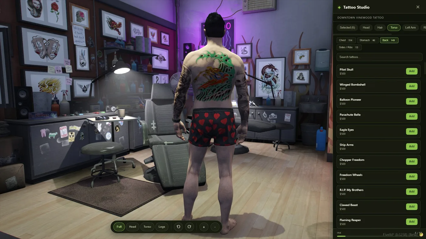 A character previewing a large back tattoo in the tattoo studio with the design catalogue open